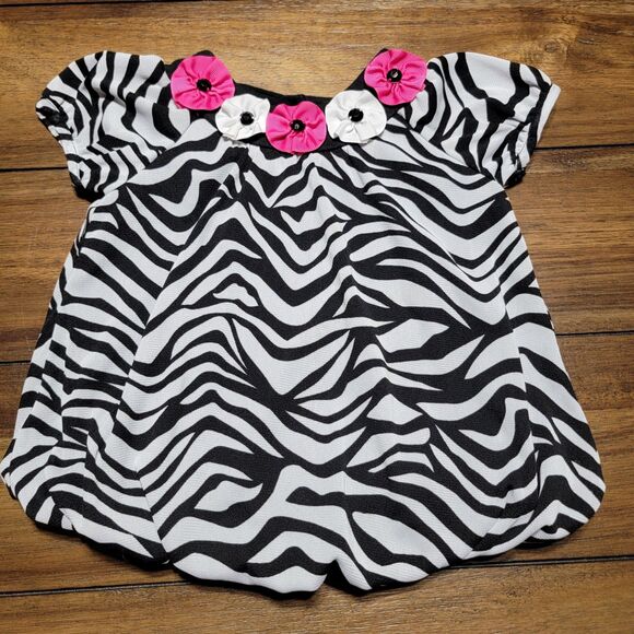 Rare Editions Zebra Print Dress w/ Pink & White Flower Collar - Size 24M - Picture 1 of 7